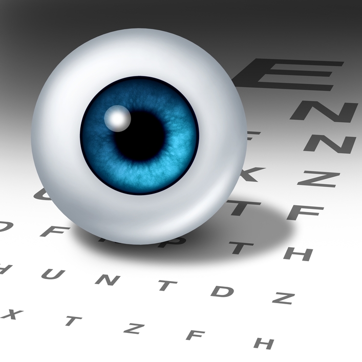 ilustración de un ojo encima de una hoja de prueba visual