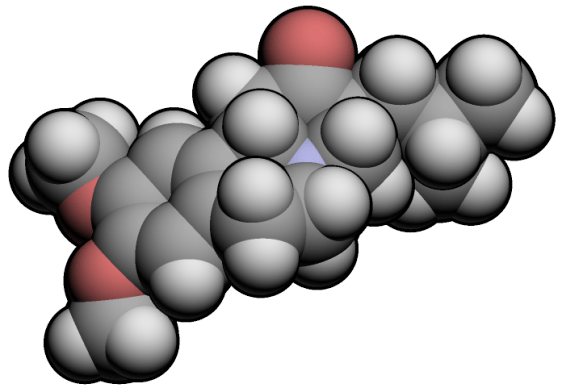 Modelo 3D de la mólecula Tetrabenazina (C19H27N1O3)