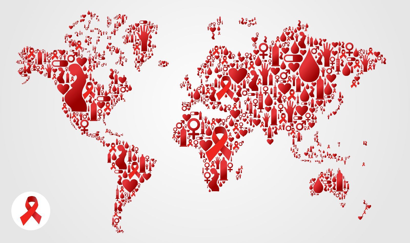 Mapa del mundo con iconos rojos mujer embarazada, moño, corazón