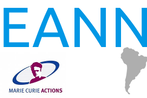 Letras DEANN con bandera europea y logotipo de Marie-Curie Actions