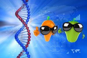 Zanahoria y pimiento con lentes en un fondo azul electrico y con una cadena de ADN