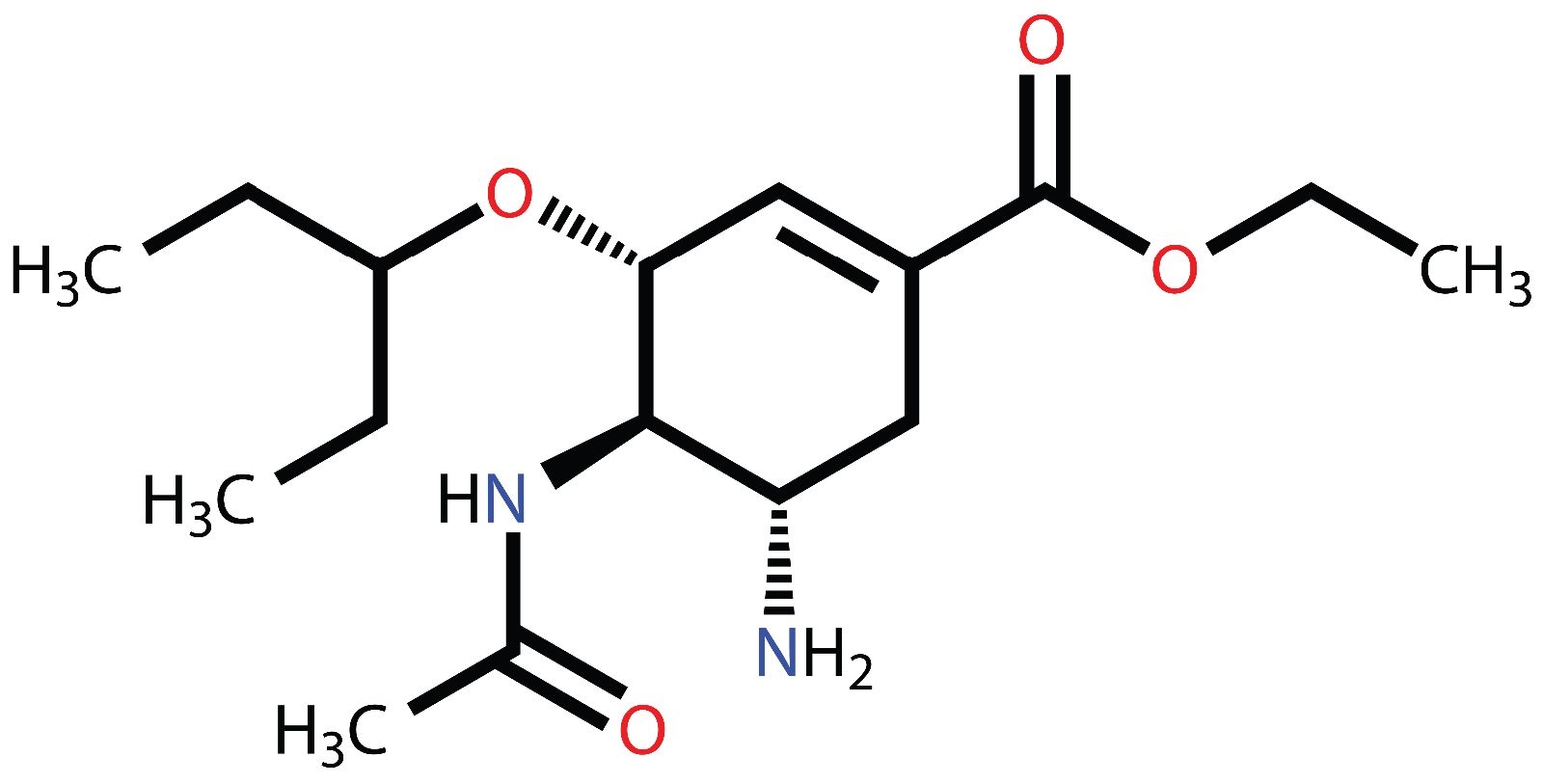 Formula estructural del Oseltamivir (medicamento antiviral Tamiflu)