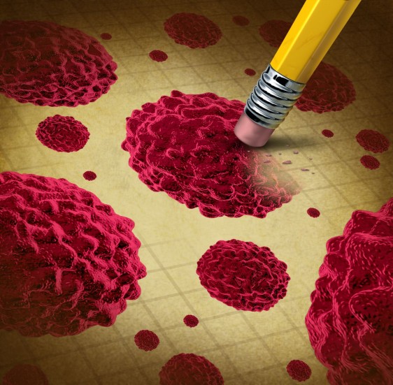 Ilustración 3D de lápiz borrando con la go,ma células de cáncer