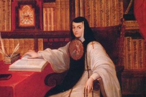 Pintura con Sor Juana Inés de la Cruz sentada con un libro y un rosario teniendo un librero en el fondo