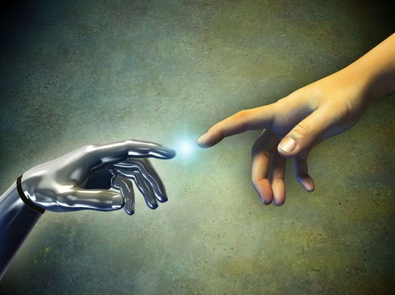 Mano de robot tocando una mano humana