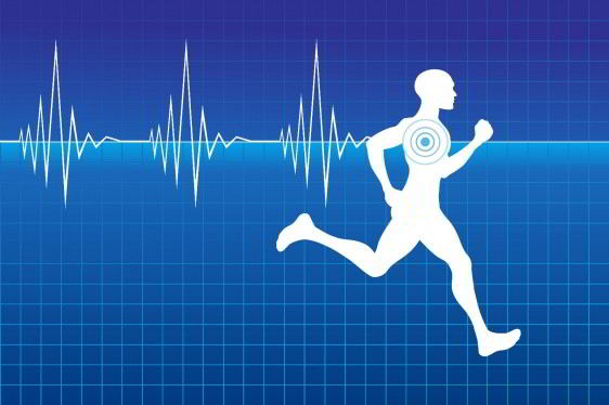 fondo azul con ilustración de un electrocardiograma y atleta corriendo en blanco