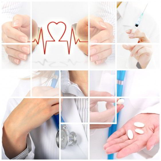 Imagenes de servicios médicos, mano con medicamentos, doctor tocando estetoscopio, manos con un simbolo de corazón