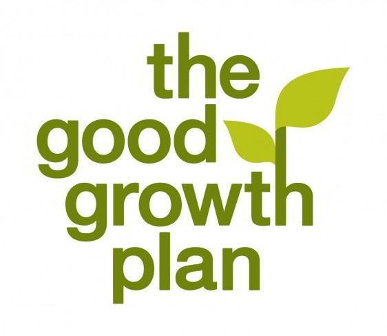 Texto The good growth plan en verde leta h de growth con una planta