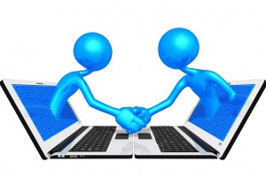 ilustración de dos computadoras notebooks miranose una a otra en la pantalla salen dos muñecos 3D que se saludan de mano