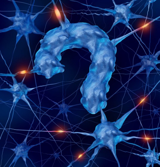 Neurona en forma de signo de interrogación en un fondo azil