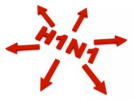 Palabra H1N1 en rojo con flechas hacia afuera