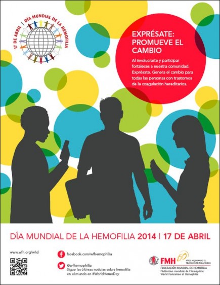 Póster con texto Día mundial de la hemofilia 2014 siluetas negras de personas al fondo circulos de colores azil amarillo y un gran circulo rojo