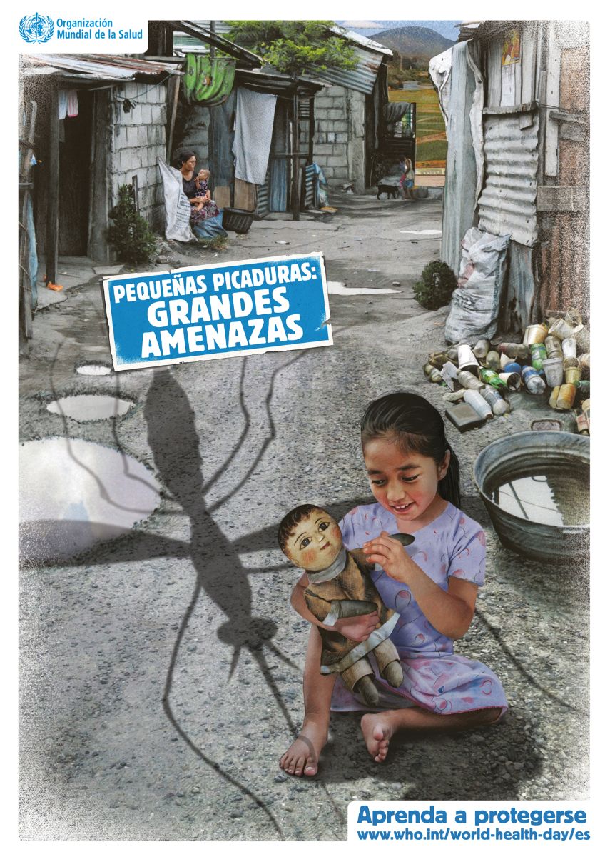 Cartel de la campaña con el texto Pequeñas picaduras, grandes amenazas y una niña sentada jgando con muñaca de trapo en un barrio pobre