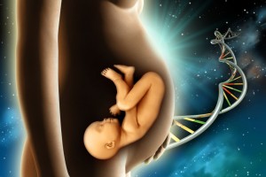 Ilustración de mujer con un bebpe en el vientre al fondo el espacio con una cadena de ADN
