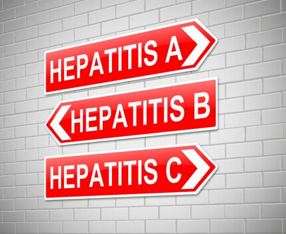 Tres flechas rojas cada una con con textos de hepatitis A, B, C en una pared de ladrillos blancos