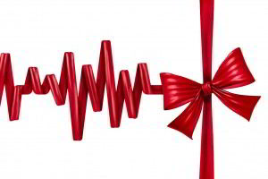 Ilustración de concepto de regalo de la vida médica, un listin arreglado cono cardiograma que termina con un moño de regalo