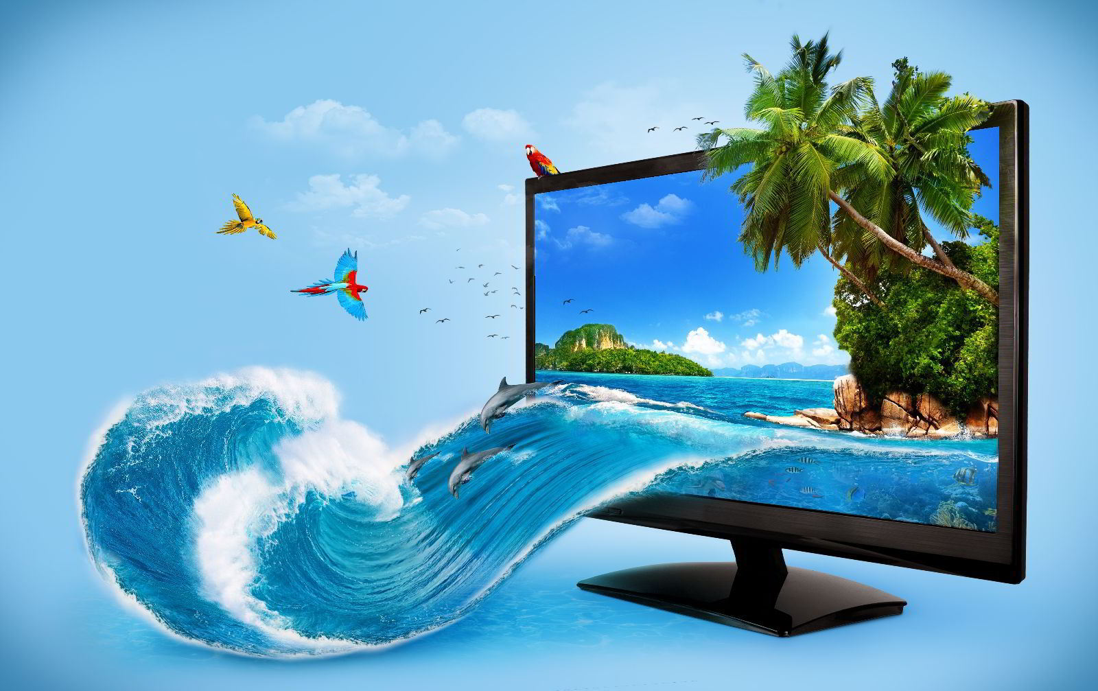 Ilustración de un monitor con una imagen de un océano que se desborda
