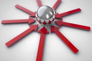 Ilustración de flechas rojas apuntando a esfera metalica en un fondo blanco