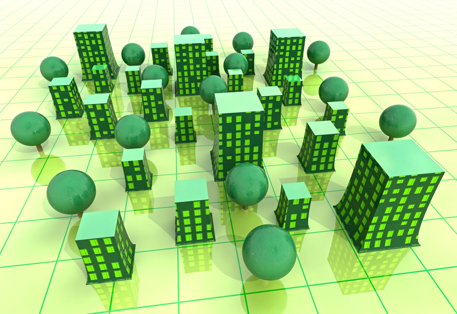 Ilustración de una ciudad 3D en color verde