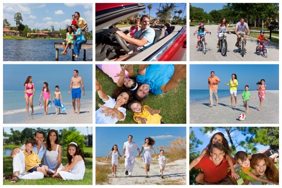 Mosaico de imagenes de familia en vacaciones en actividades como caminata ciclismo y en el coche