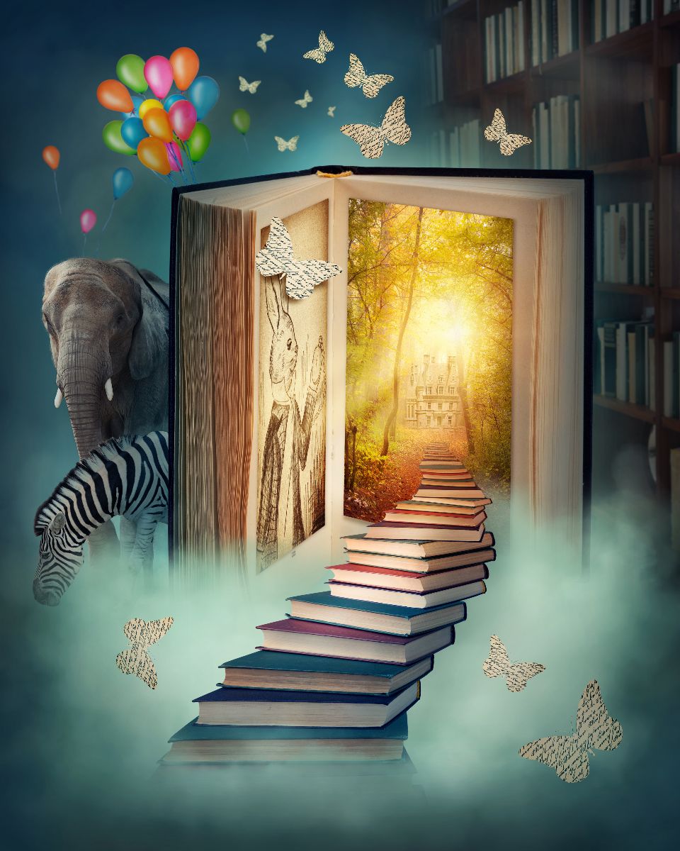 Un libro abierto con escaleras que llevan a un mundo mágico