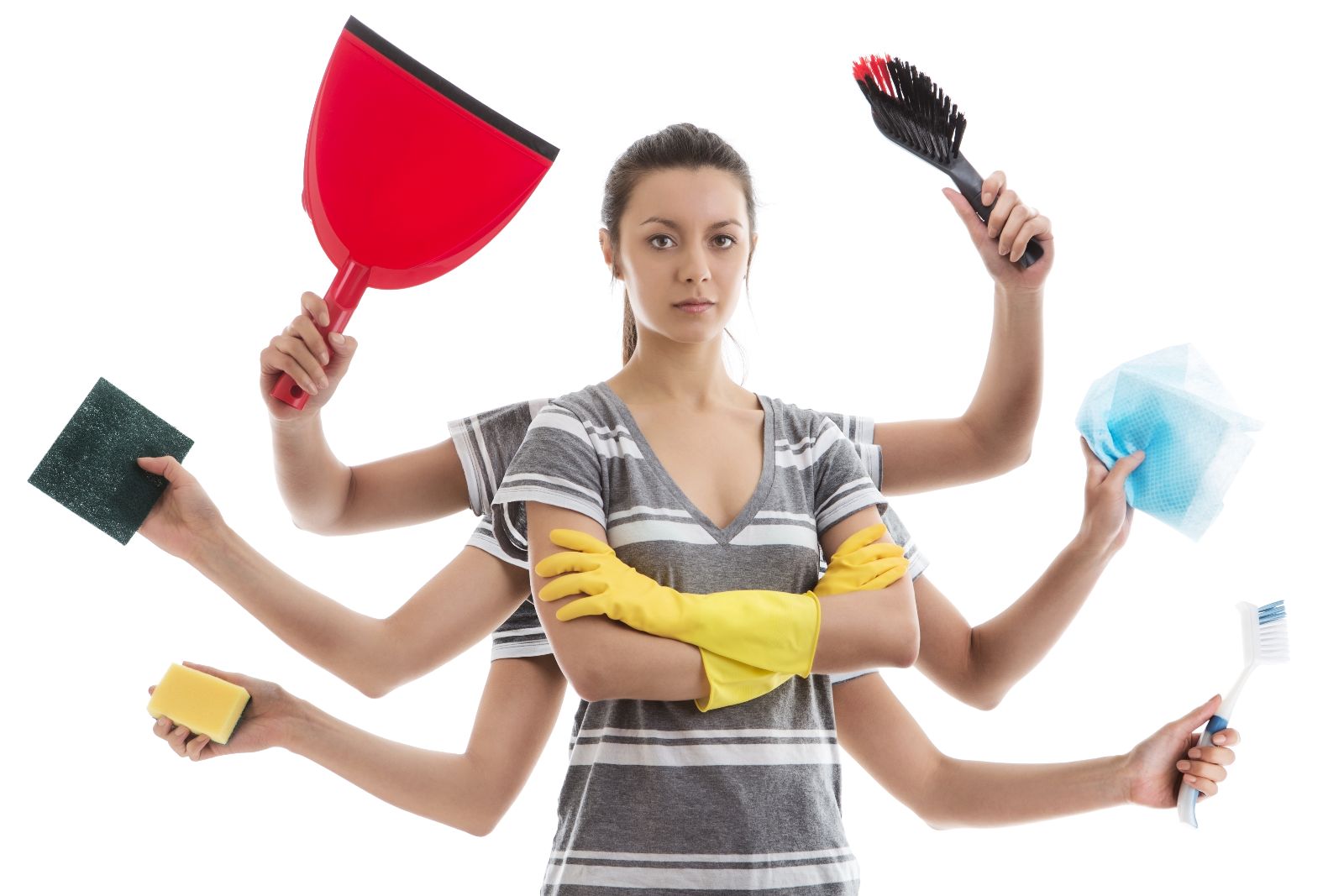 Mujer con ocho brazos y utensilios de limpieza del hogar