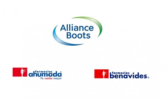 Logotipos de Alliance Boots abajo los logotipos de Farmacias Ahumada y de de Farmacias Benavides