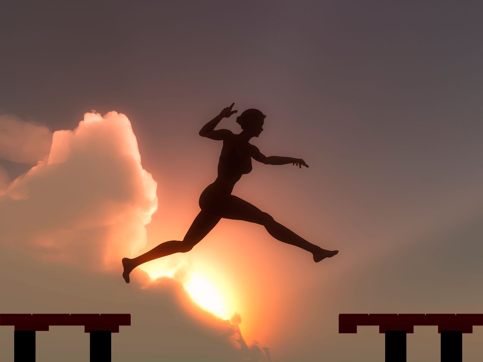 Silueta de una mujer saltando para alcanzar un escalón al fondo una puesta de sol