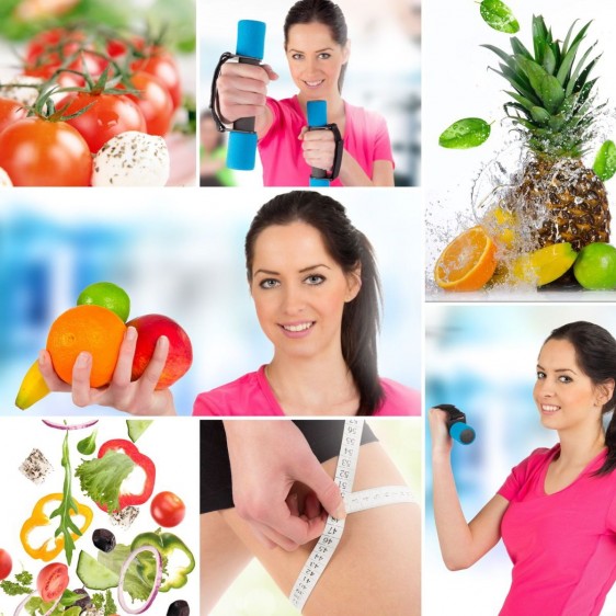 Mosaico de imágenes de mujer con hábitos saludables
