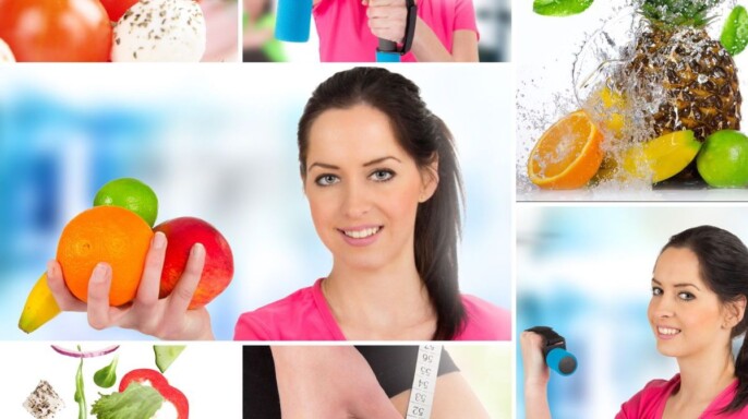 Mosaico de imágenes de mujer con hábitos saludables