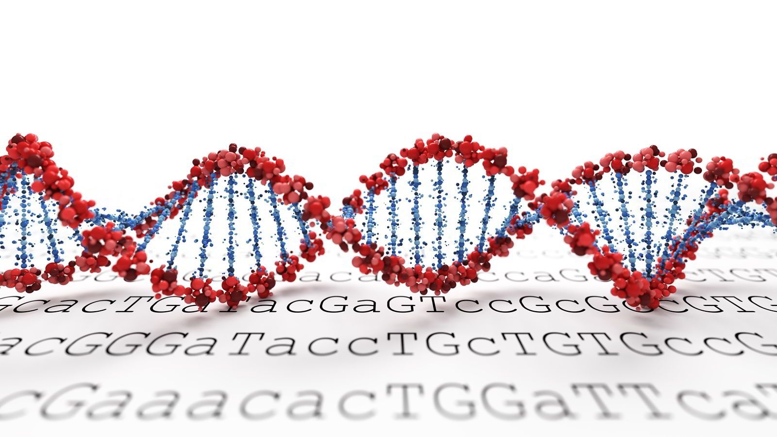 Cadena de ADN sobre una hoja llena con las letras TGac