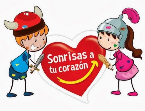 Ilustración con niño vestido con casco de vikingo y niña con casco de caballero en medio corazón con texto "Sonrisas a tu corazón"