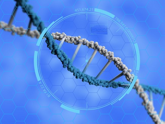 Ilustración 3D de un acercamiento de una cadena de ADN con un fondo azul
