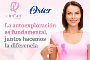 Mujer con listón rosa al fondo el logotipo de CIMAB y Oster
