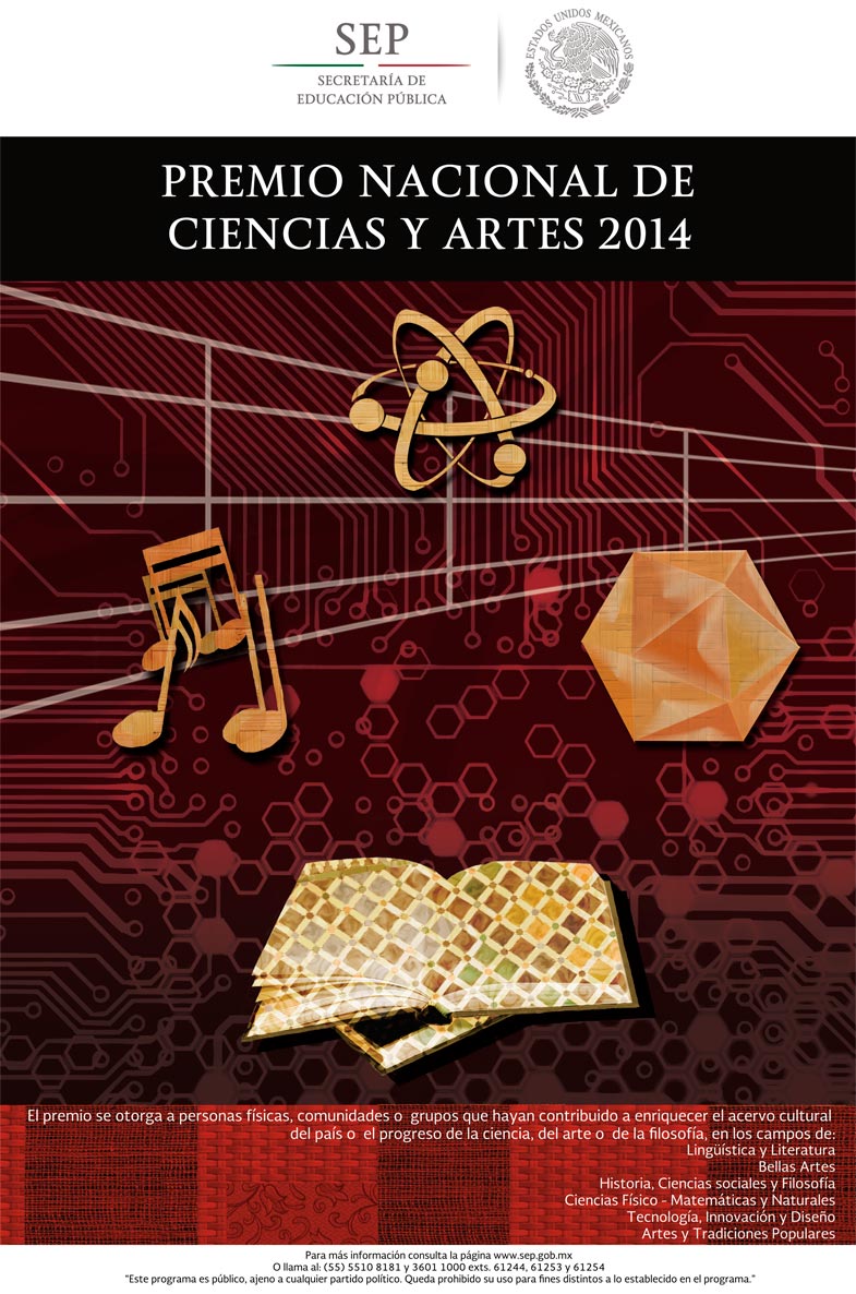 Cartel del "Premio Nacional de Ciencias y Artes 2014" ilustración con átomo, nota musical, hexagono y libro abierto