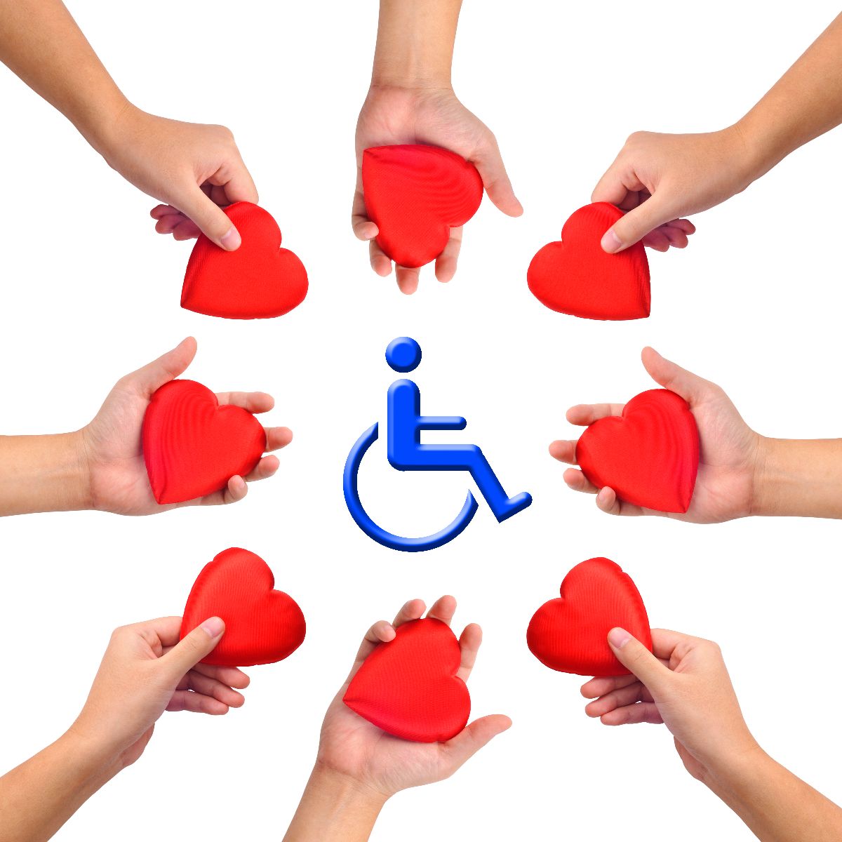 Manos con corazón alrededor de una ilustración de persona en silla de ruedas