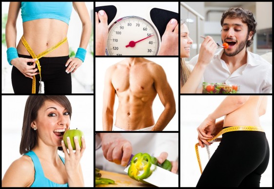 Mosaico de imagenes de actividades saludables medirse, pesarse, comer saludablemente