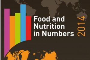 Portada de color cafe con los continentes el mundo en color amarillo y el texto Food and Nutrition in Numbers 2014