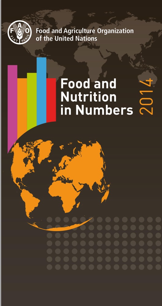 Portada de color cafe con los continentes el mundo en color amarillo y el texto Food and Nutrition in Numbers 2014