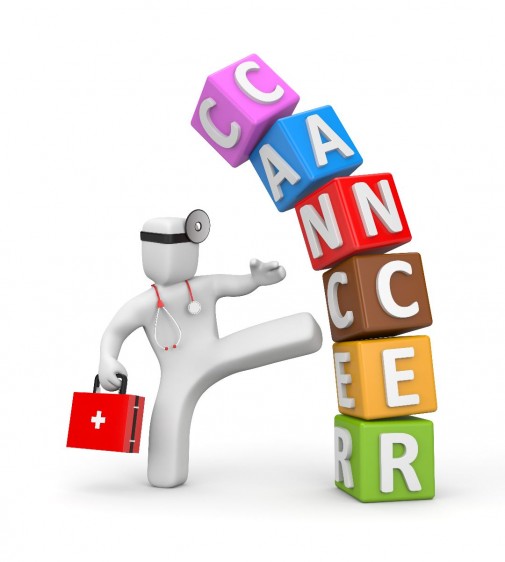 Ilustración de médico dando patada a cubos apiladios con la palabra CANCER