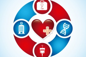 Ilustración un corazón en el centro rodeado de simbolos en circilo de ADN, hospital, sangre y notiquín médico
