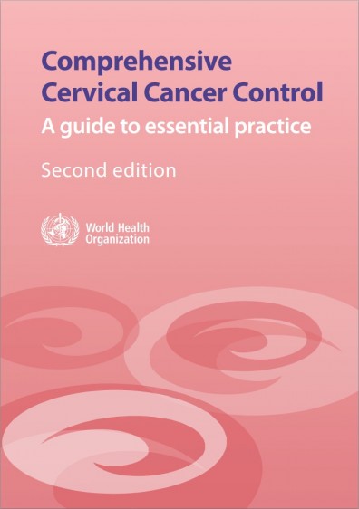 Portada en color rosa con el texto "Comprehensive cervical cancer control A guide to essential practice - Second edition"