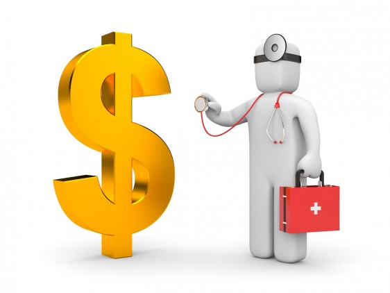 Ilustración 3D de un médico al lado de un signo de dinero