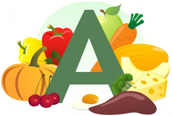 Ilustración de l Vitamina "A" con alimentos que la contienen