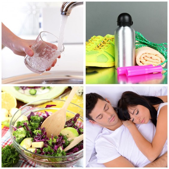 Mosiacio de imagenes de actividedes saludables, beber agua, ejercicio, comer salydable y dormir bien