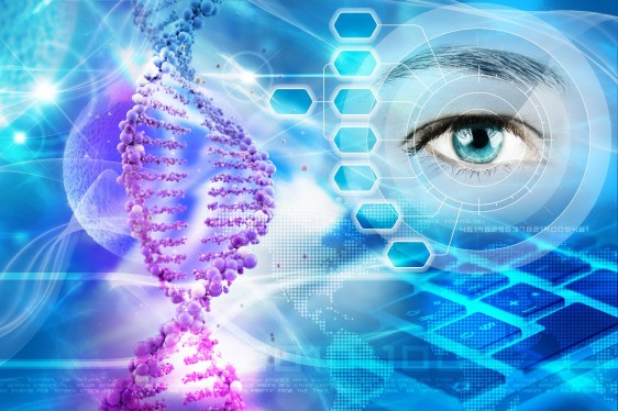 Ilustración de ADN humano y un ojo observando