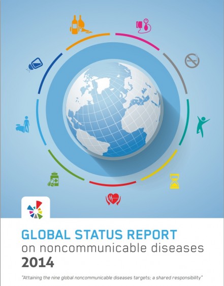 Portada con  una ilustración del mundo y el titulo "GLOBAL STATUS REPORT on noncommunicable diseases 2014"