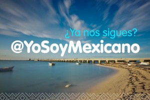 Paisaje de una playa con un puente con cielo azul y el texto "¿ya nos sigues? @YoSoyMexicano"