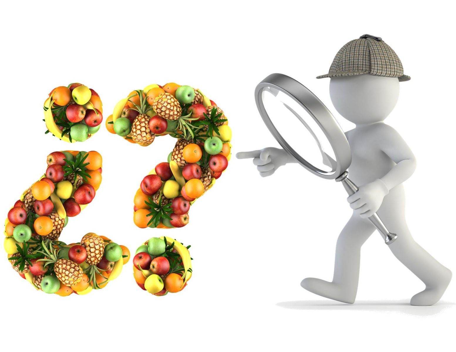 Icono de detective 3D con lupa apunta a signos de interrogación hechos con frutas