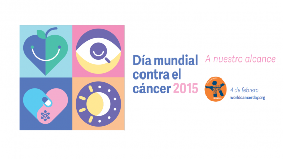 Texto "Día Mundial contra el Cáncer" y "2015" con un logotipo